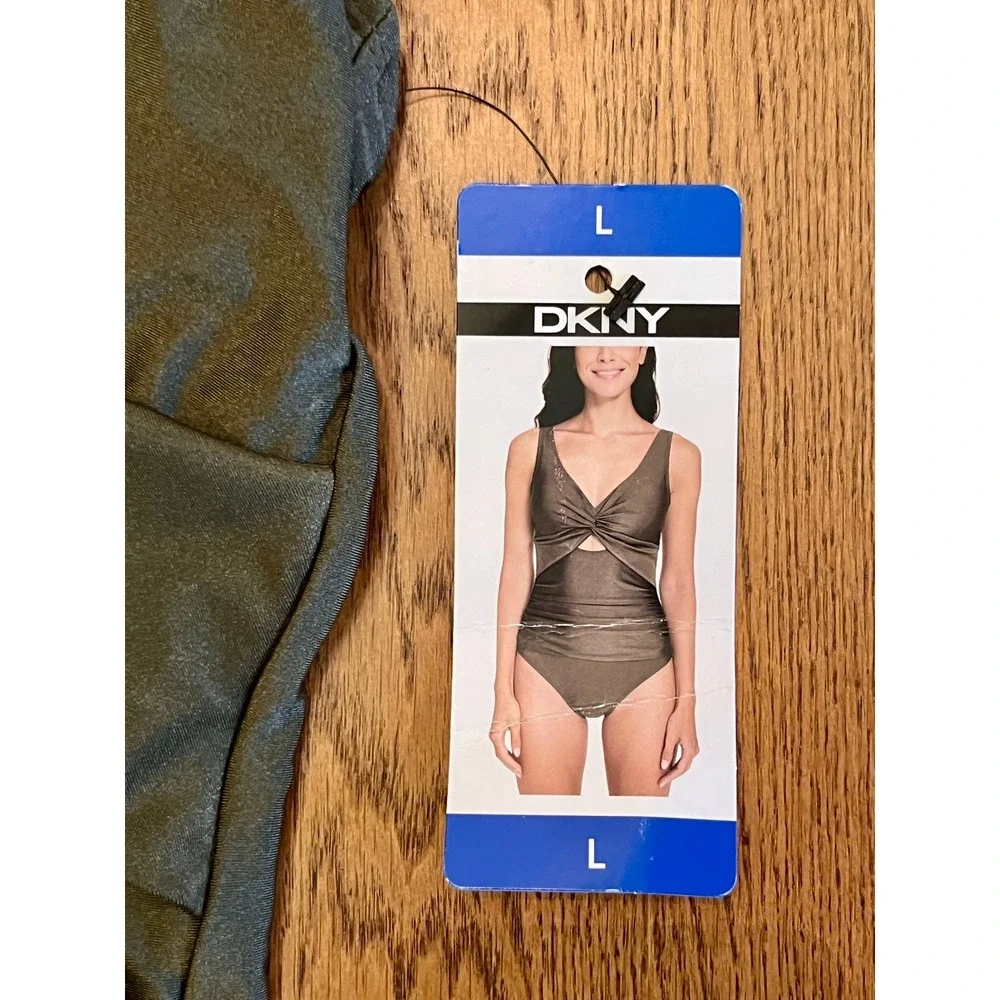 DKNY Green Metallic Twist Front One Piece Swimsuit Ruched Keyhole DIZMS518 L - Picture 5 of 11